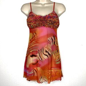 Y2K Sheer Watercolor Mesh RUFFLE Babydoll TOP S Chemise Tank Slip Dress Coquette